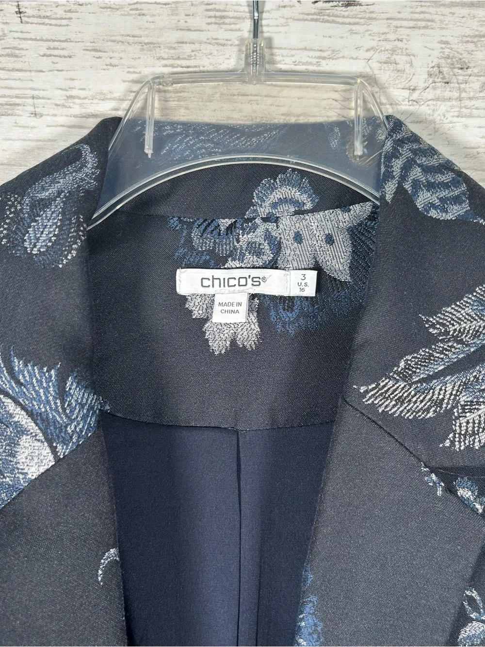 Chico’s Floral Jacquard Navy Jacquard Office Evening Jacket 3= XL NEW